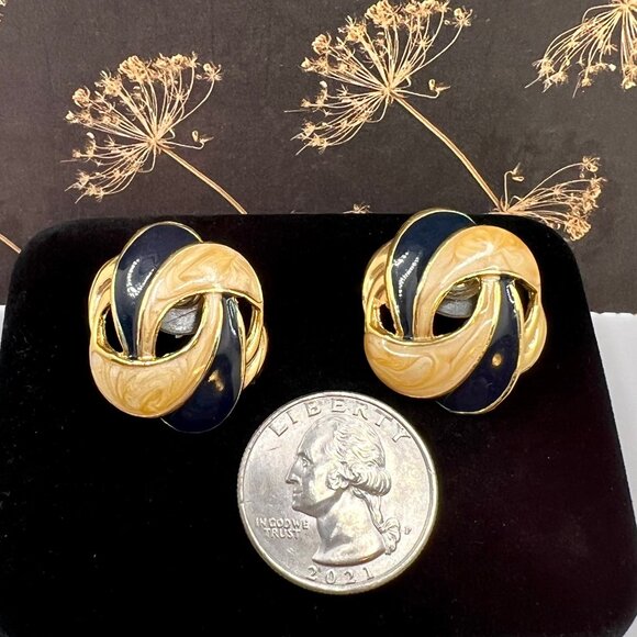 Navy Blue and Swirled Gold Enamel Earrings - Picture 2 of 3